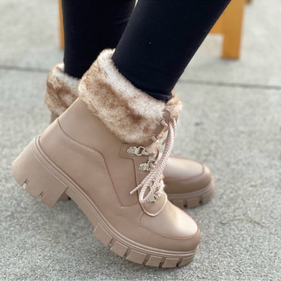 Taupe Lace-up Combat boot with faux fur ankle cuff - Picture 2 of 10